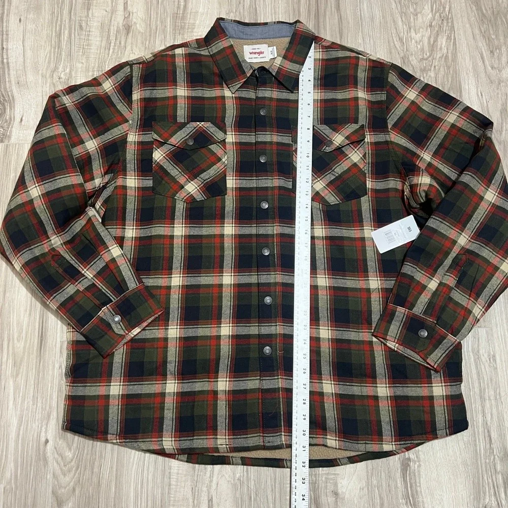 Wrangler Mens XL Sherpa Lined Plaid Shirt Jacket Green Red Snap Front
